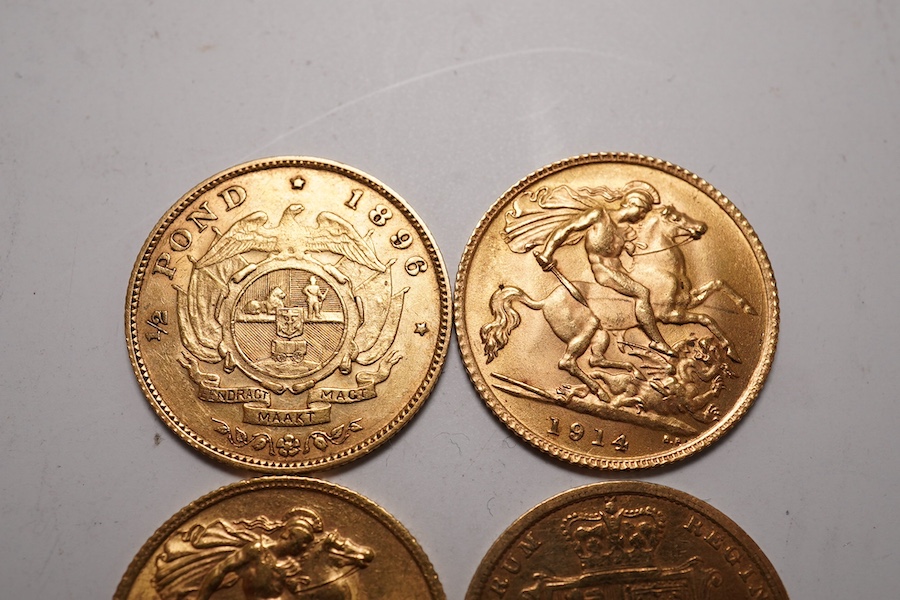 Gold coins, two George V gold half sovereigns, good VF, a Victoria gold half sovereign, 1883, fine, and a South Africa gold half pond 1896, good VF (4)